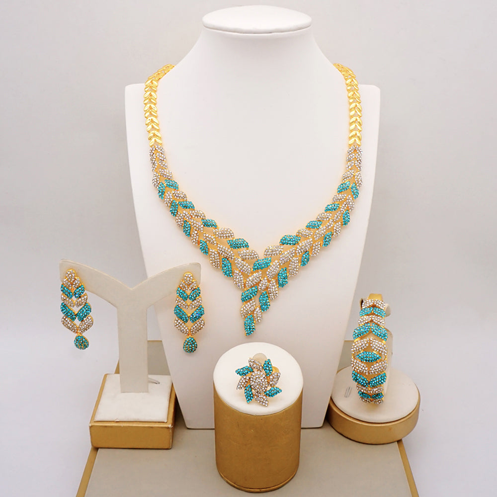 Latest Italian Dubai Gold Color Ladies Full Crystal Necklace Jewelry Set Simple image 14
