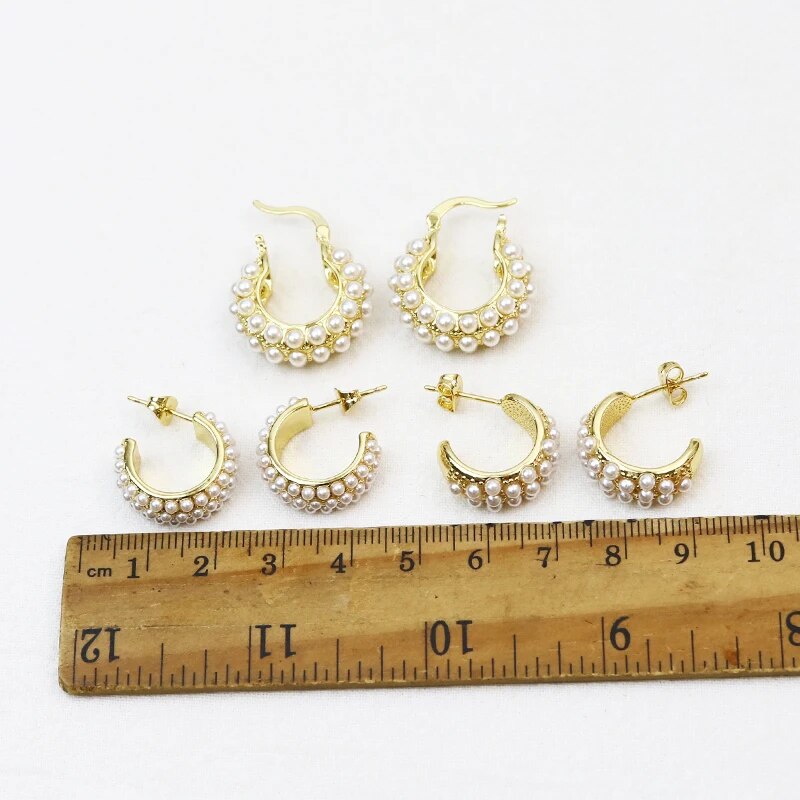 5 Pairs Fashion Design Elegant Pearls Hoop earrings Gold Plated Pearls Earring image 7