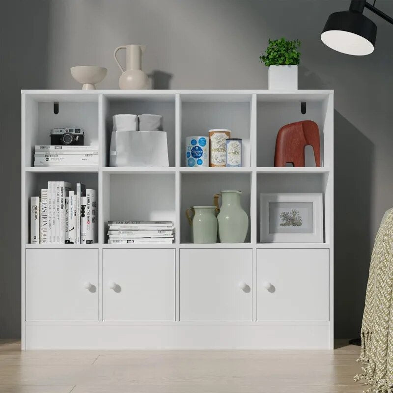White Bookshelf with 12 Cubes and 4 Doors, 2-Tier Open Shelf Bookcase with Anti image 5