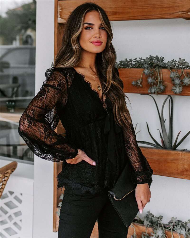 Imcute Women Shirts Autumn Mesh Sheer See Through Sleeve Patchwork Blouses image 2