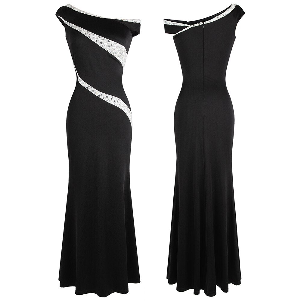 Angel-fashions Women's Boat Neck Formal Black Dress Gold Sequin Slit Evening image 3