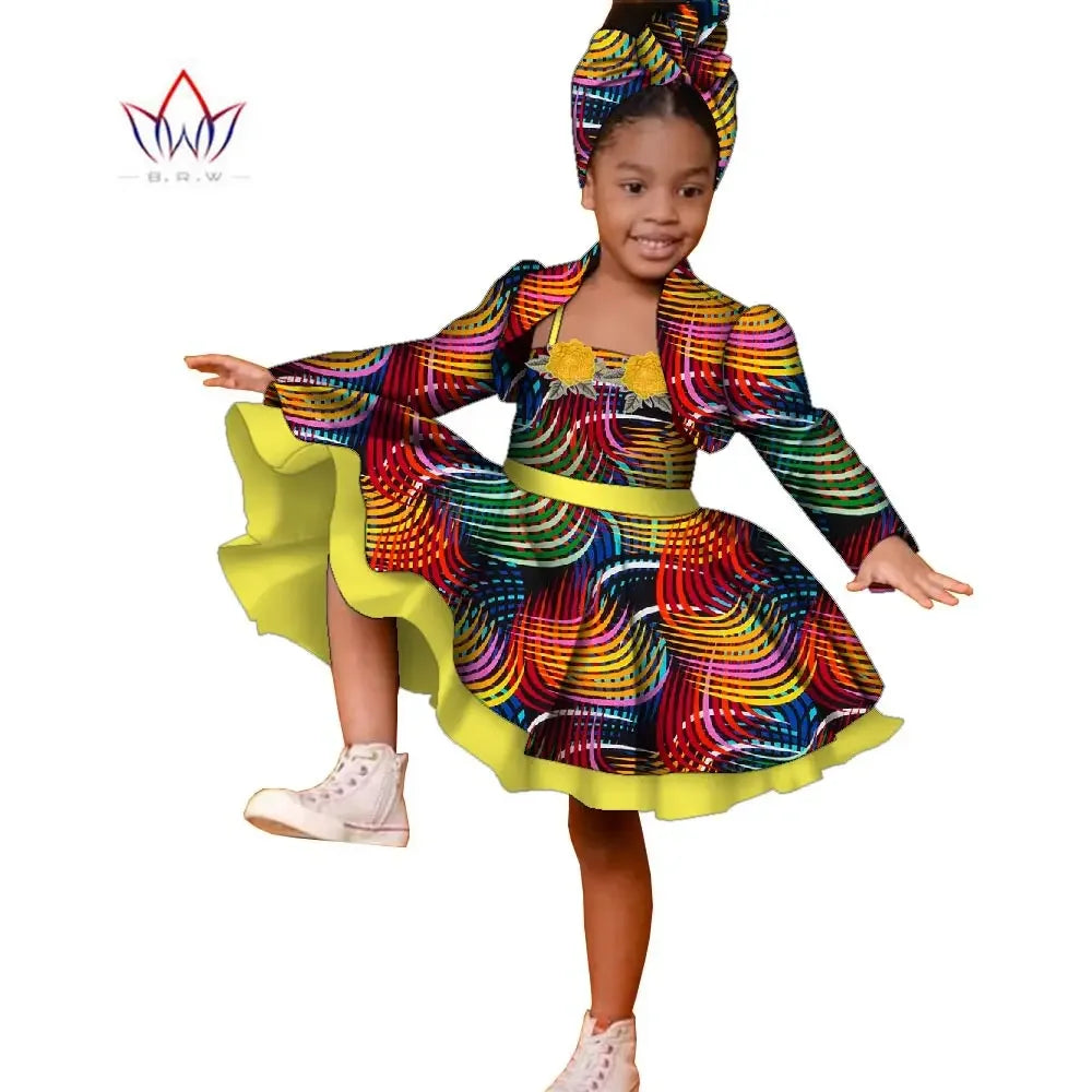 3pcs Set African Kids Gril Dashiki Dress Coat and Headtie Suits Africa Print Pa image 6