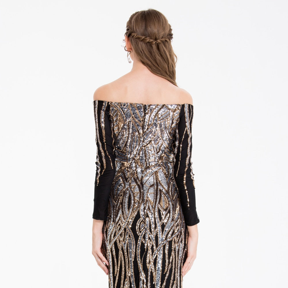 Angel-fashions Vintage Sequin Prom Gown Off Shoulder Long Sleeves Gold Silver B image 5
