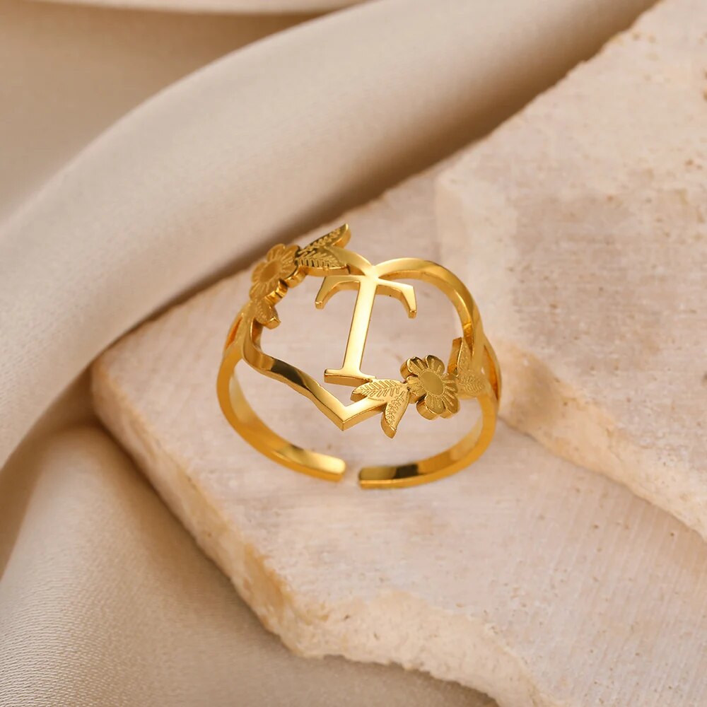 Stainless Steel Initials Flower Heart Rings Gold Color Adjustable Delicate Lett image 18