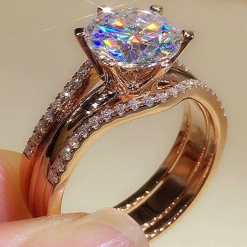 Huitan Unique Rose Gold Color Rings for Women Classic 6 Claws Designed Cubic Zi image 1