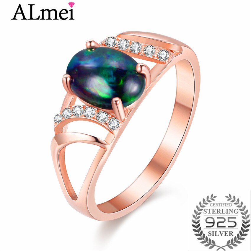 Almei 1ct Black Opal Beads Rose Gold Color Filigree Rings Silver 925 Hollow image 0