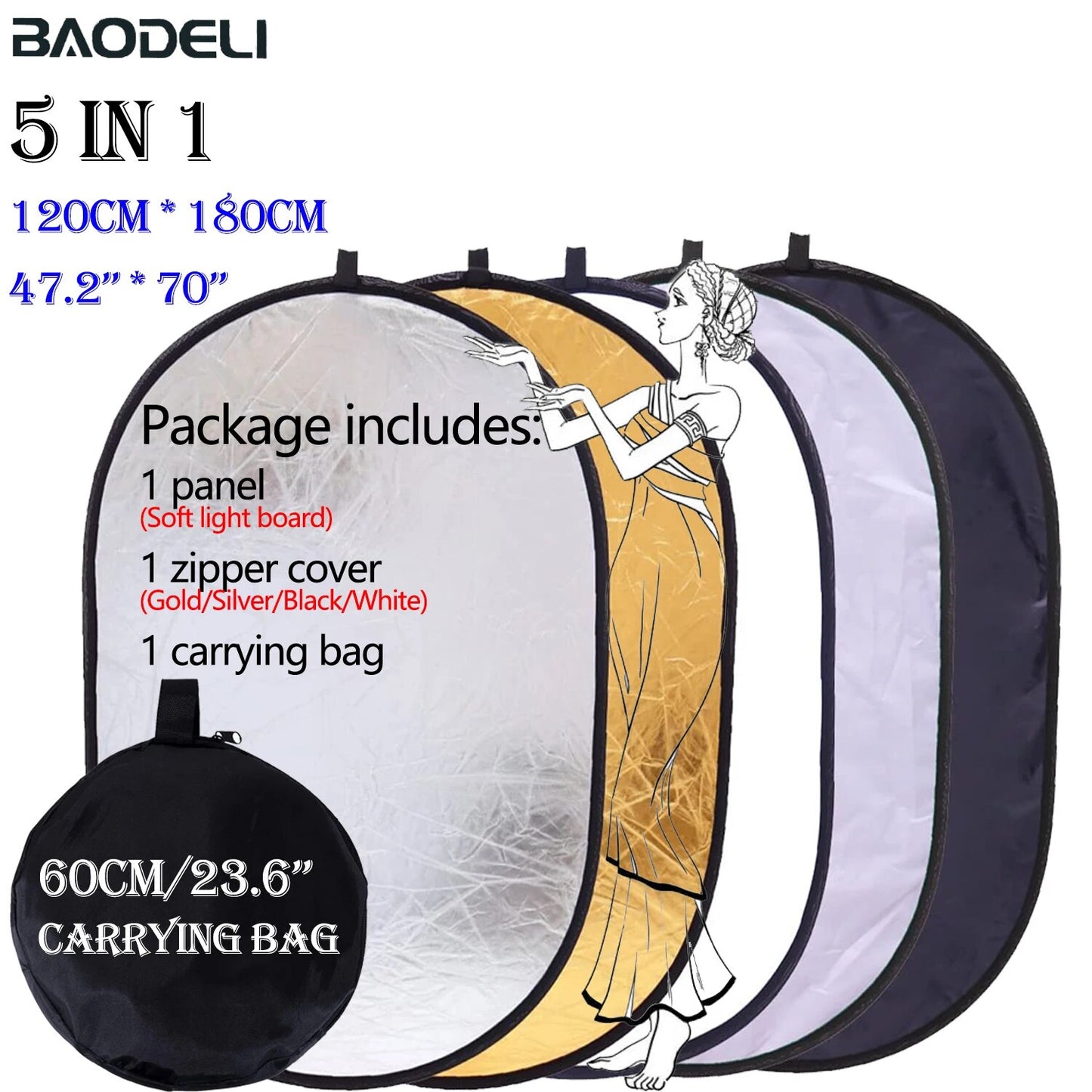 100x150cm 5 in 1 Portable Collapsible Light Oval Photography Reflector for Stud image 3