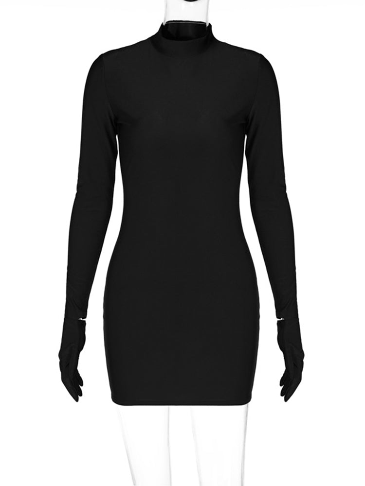 Solid Long Sleeve With Gloves Mini Dress Bodycon Sexy Streetwear Party Half Tur image 2