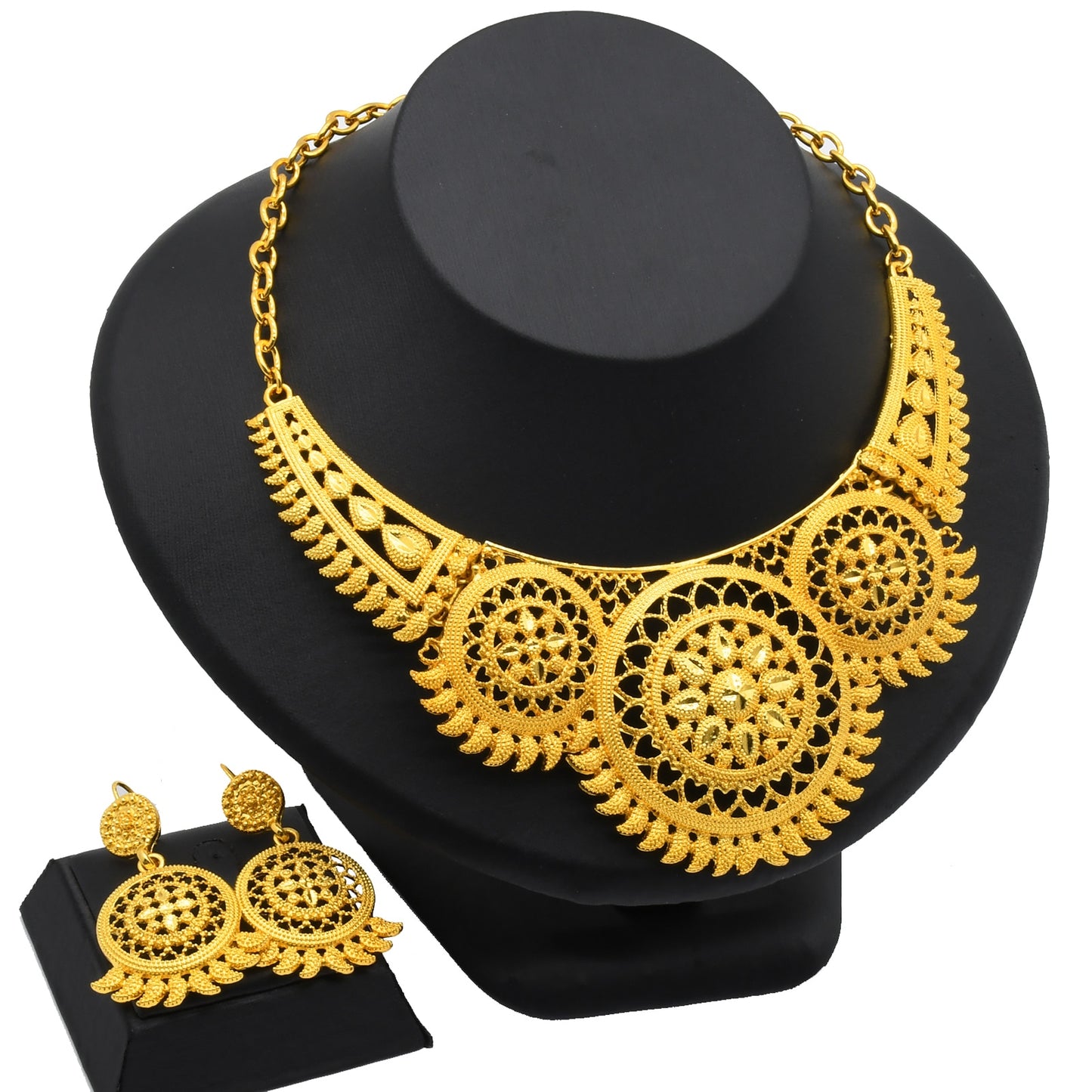 Indian Gold Plated Jewelry Set For Women African Bridal 24K Gold Color Necklace image 12