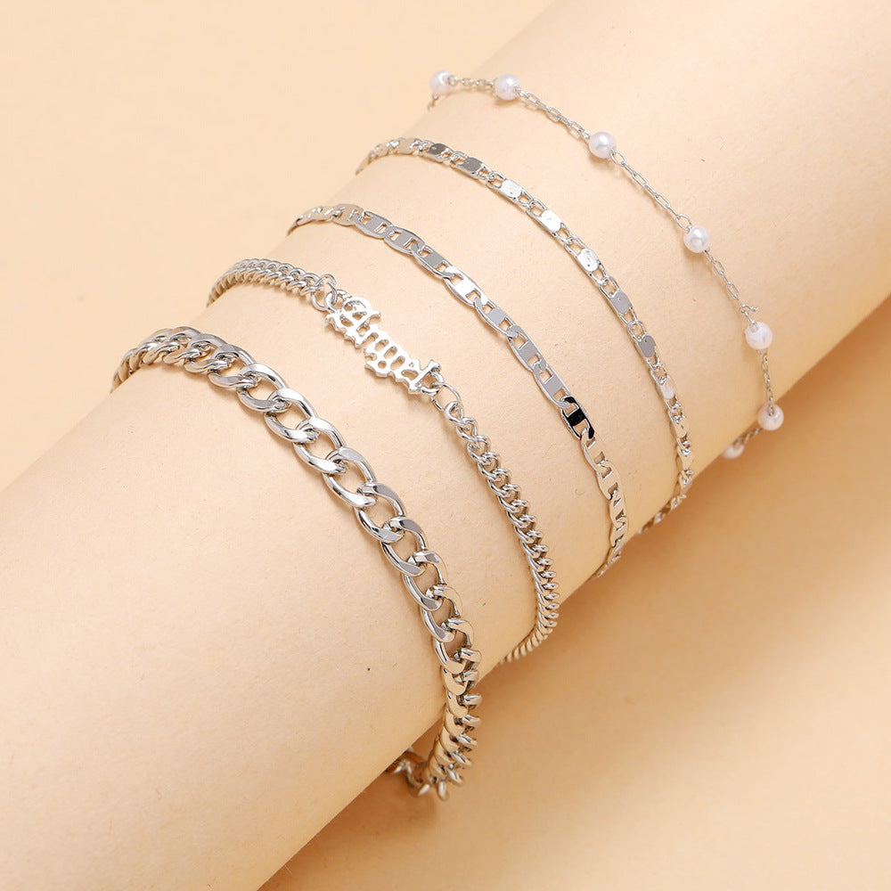 5Pcs Trendy Chain Bracelet Set For Women Angel Letter Gold Silver Color Link Ch image 1