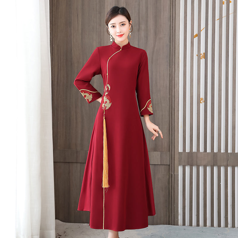 Asian Gown Women Dress Spring Autumn Full Sleeve Ladies Improved Cheongsam AO D image 0
