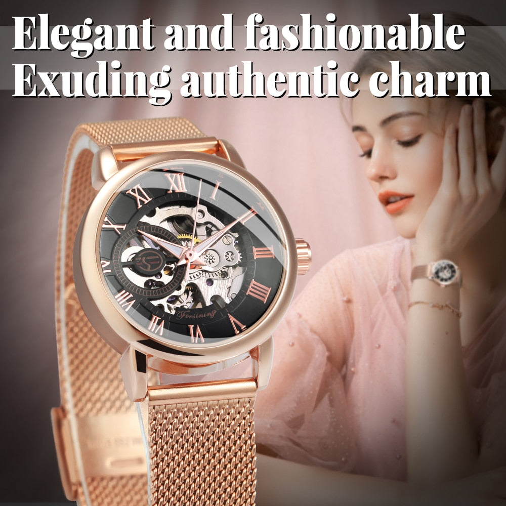 Forsining Rose Gold Skeleton Mechanical Watch for Women Fashion Luminous Hands image 2
