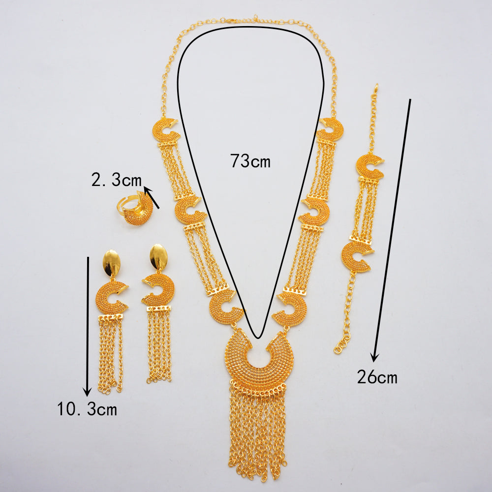 Dubai 24K Gold Plated Tassel Long Necklace Set African Women's Banquet Jewelry image 4