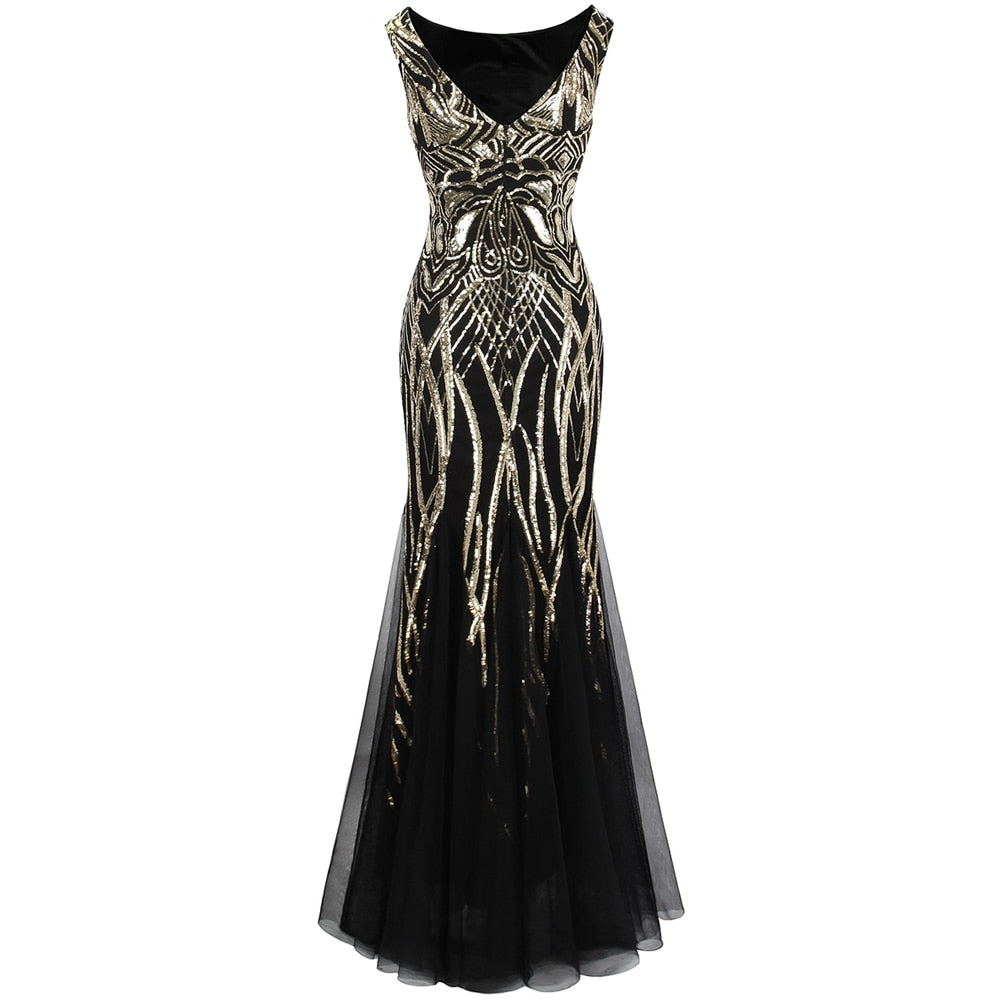 Angel-fashions Bateau Boat Neck Vintage Golden Sequin Ball Gown Long Prom Dress image 4