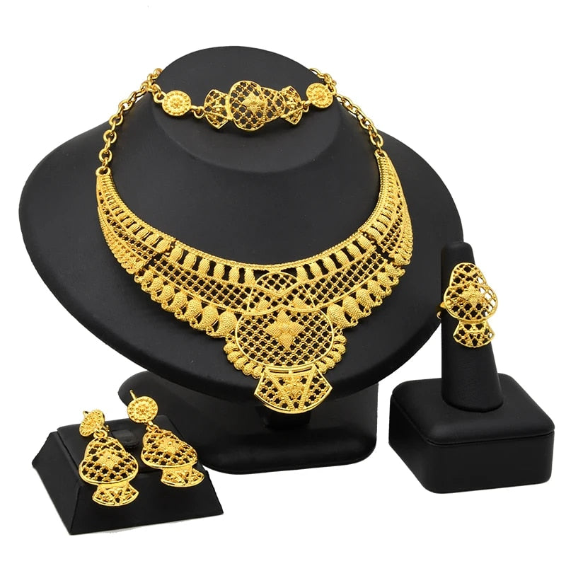 Indian Gold Plated Jewelry Set For Women African Bridal 24K Gold Color Necklace image 6