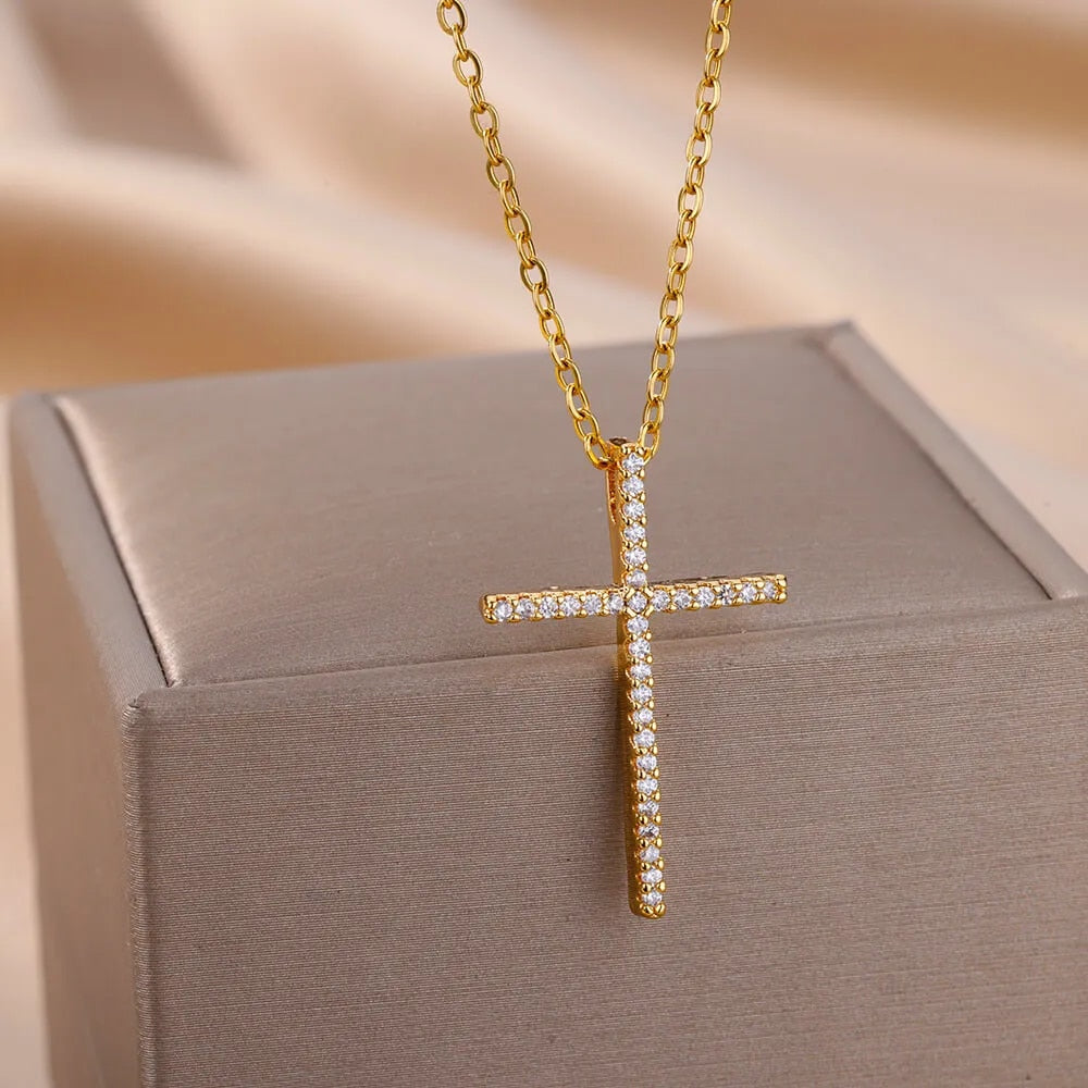 Zircon Cross Pendant Necklace for Women Gold Plated Stainless Steel Collar Neck image 22