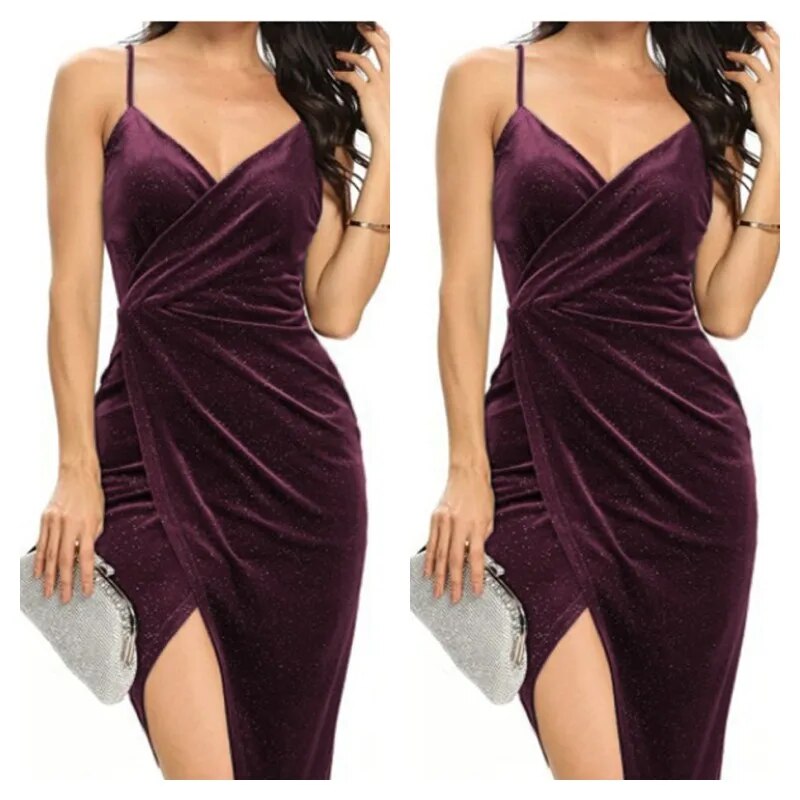 Cross Border European And American Women's Gold Velvet Strap Mid Length Dress S image 8