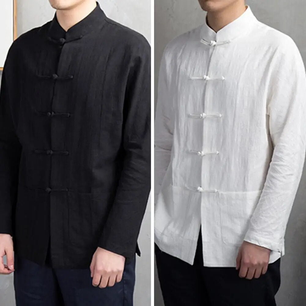 Men Autumn Chinese Style Shirt Top Mandarin Collar Long Sleeve Shirt Traditiona image 4