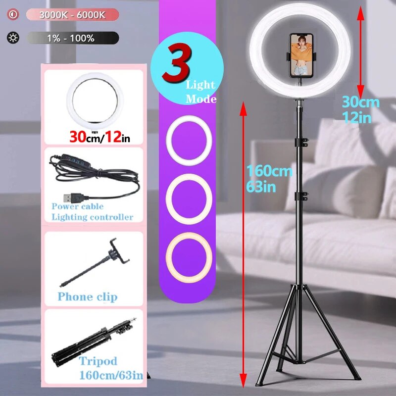 10" LED Selfie Ring Light Circle Fill Light Dimmable Round Lamp Tripod Trepied image 10