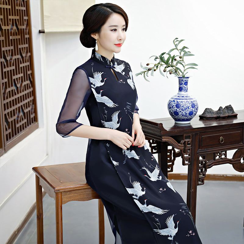 Plus Size Ao Dai Cheongsam dress China Improved Qipao Women Long Two-Piece Set image 7