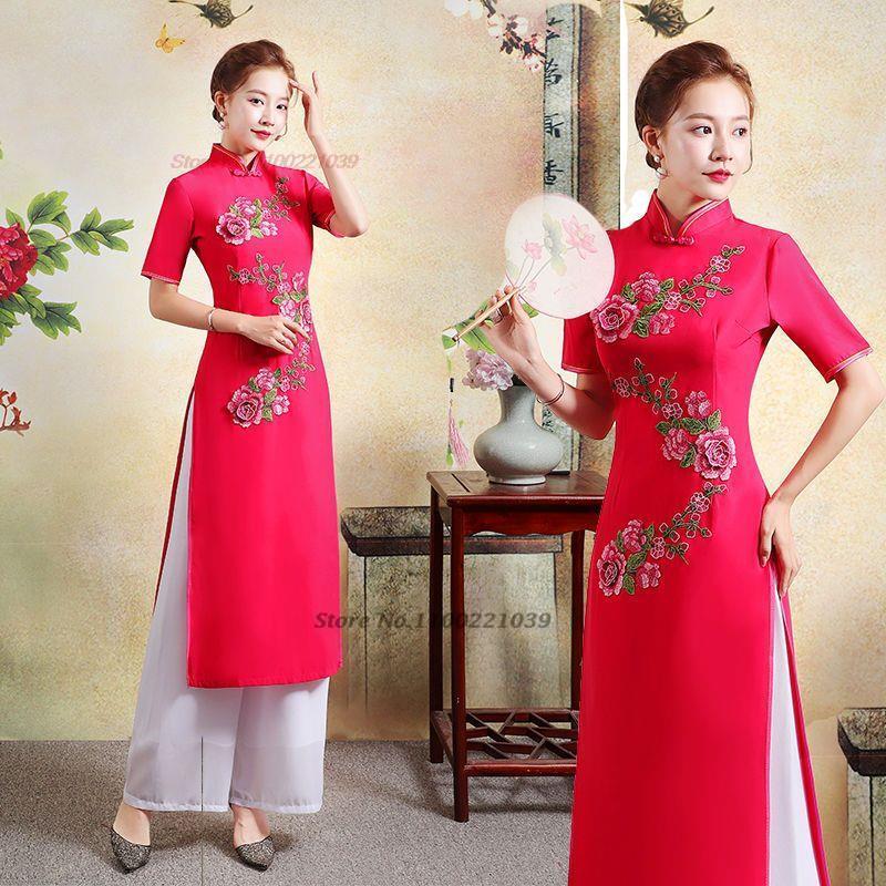 2024 traditional qipao dress cheongsam aodai vietnam aodai dress+pants set vint image 1