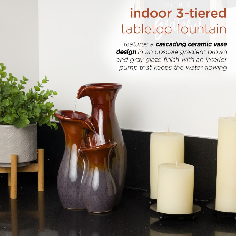 Indoor Tiered Glossy Ceramic Vase Tabletop Fountain, Brown/Gray image 4