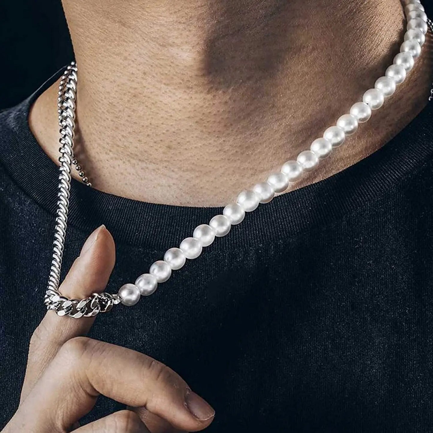 Half Pearl Half Chain Necklace Men Women Silver Gold Color Cuban Link Stainless image 1