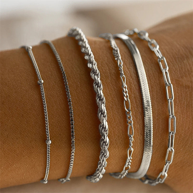 6Pcs Gold Color Bracelet Set Boho Retro Thick Twist Cuban Chain Bracelet for Wo image 0