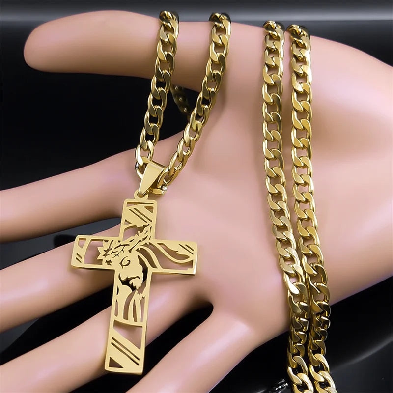 Hip Hop Punk Crown of Thorns Jesus Cross Necklace for Men Stainless Steel Gold image 13