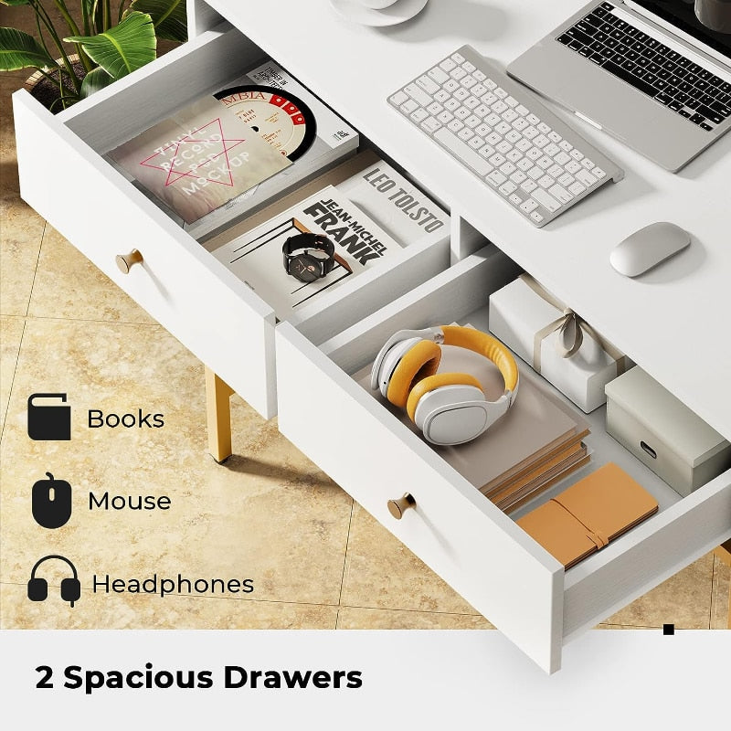 SUPERJARE 35.4" White and Gold Desk with 2 Drawers, Modern Makeup Vanity Desk w image 3