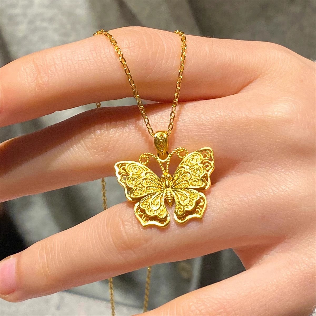Shiny Pure 14 K Gold Color Butterfly Pendant Necklace for Women's Necklace Cha image 1