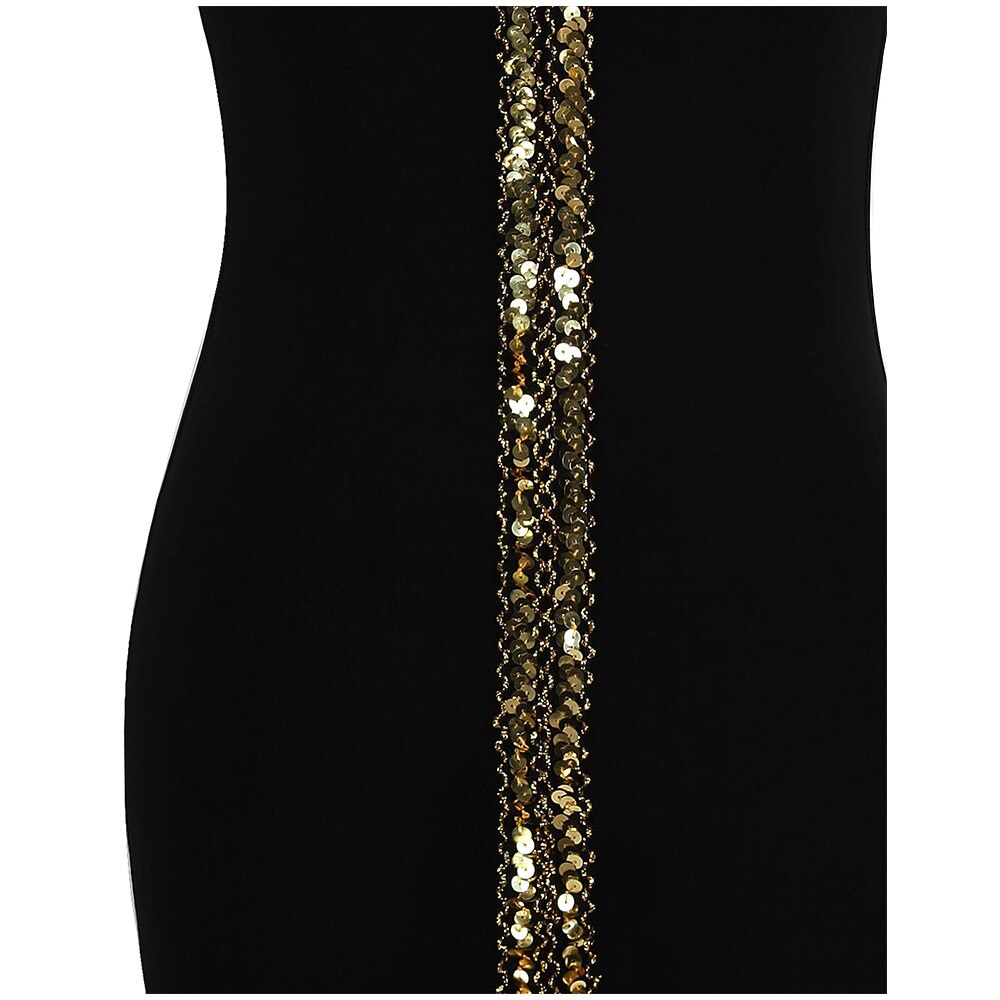 Angel-fashions Women's Boat Neck Formal Black Dress Gold Sequin Slit Evening image 9