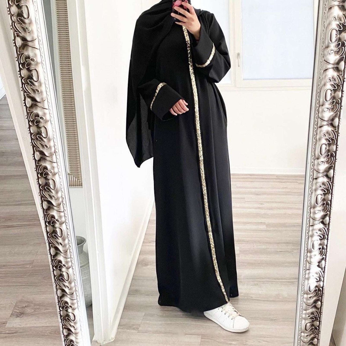 Muslim Robe Fashion Splicing Panelled Sequins Dress Solid Color Chiffon Dress F image 1