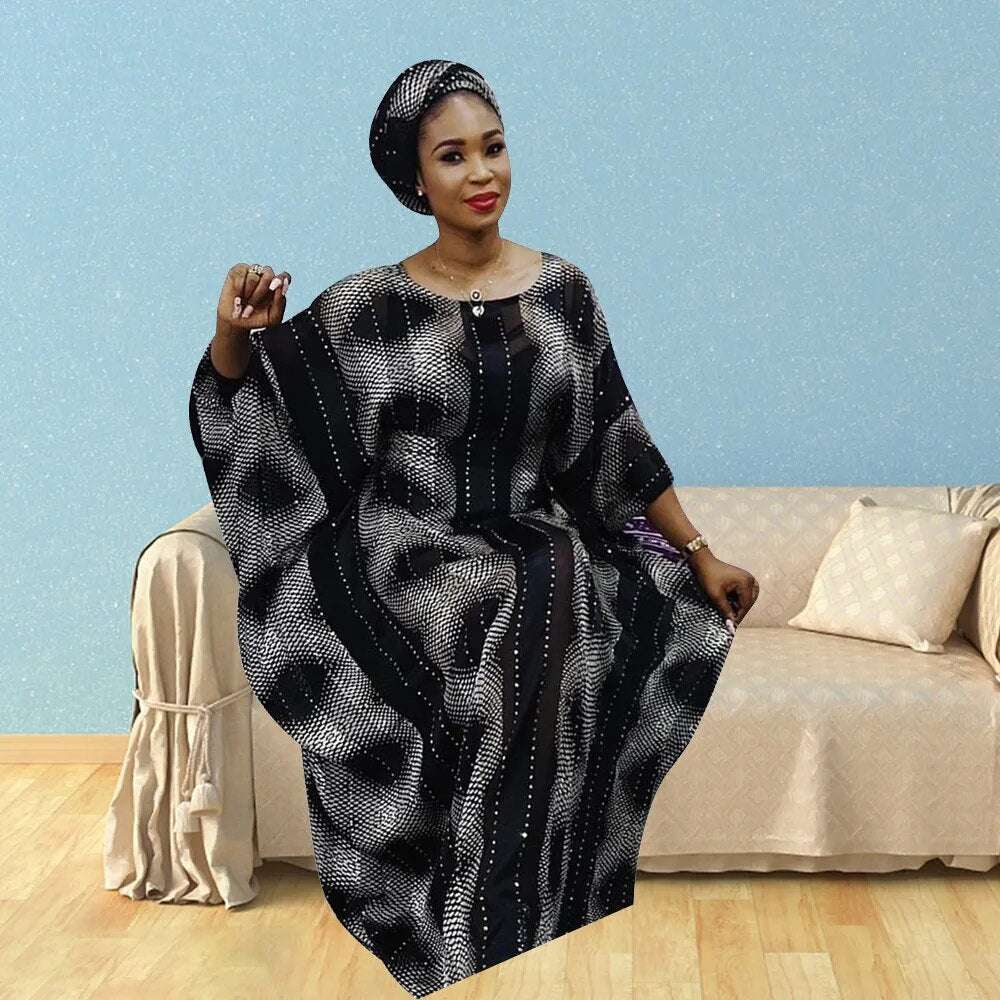 Gaun Muslim Abaya Dubai untuk Wanita Mode Cetakan Kerah O Lengan Kelelawar Juba image 3