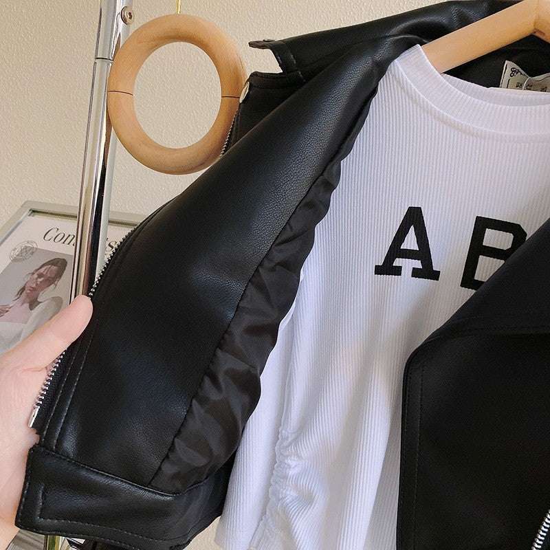 Autumn PU Leather Jackets Spring Kids Boys Girls Classics Handsome Lapel Zippe image 4