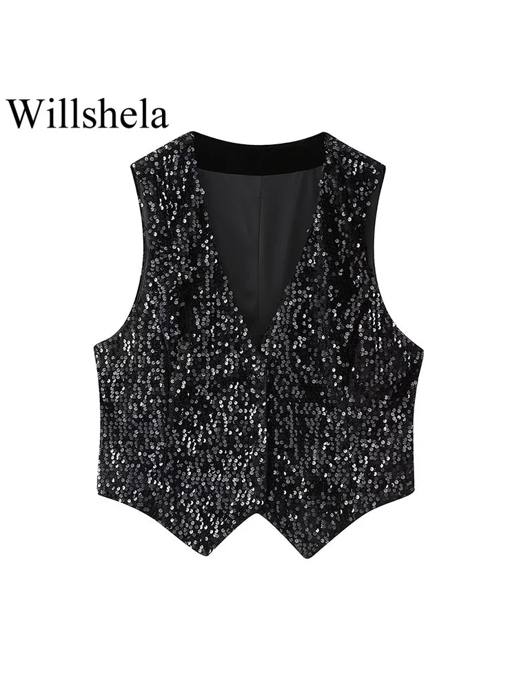 Willshela Women Fashion With Sequined Black Sleeveless Jackets Waist Vintage V- image 2