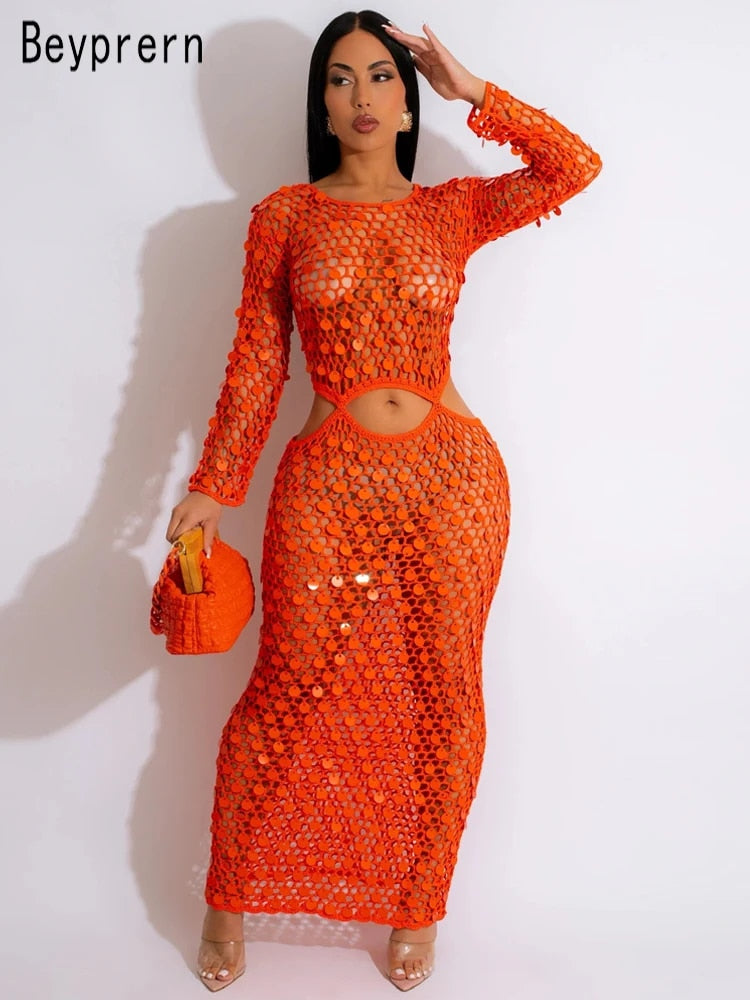 Beyprern New Chic Mother Of Pearl Crochet Cover Up Dress For Women Summer Hollo image 0
