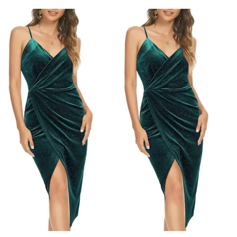 Cross Border European And American Women's Gold Velvet Strap Mid Length Dress S image 6