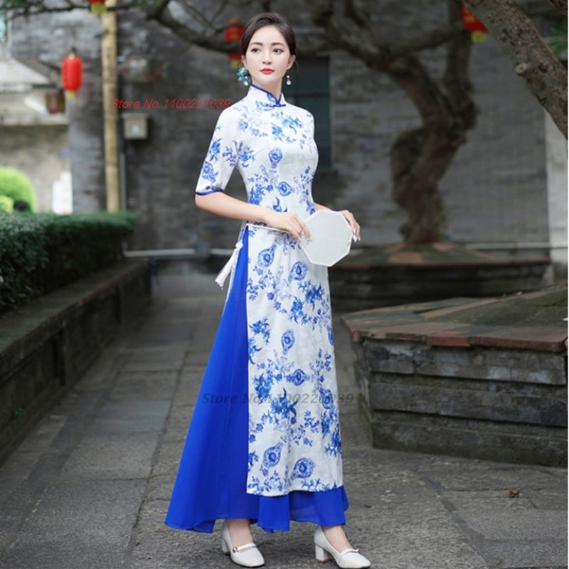 2024 vietnam aodai dress improved cheongsam qipao dress national flower print q image 1