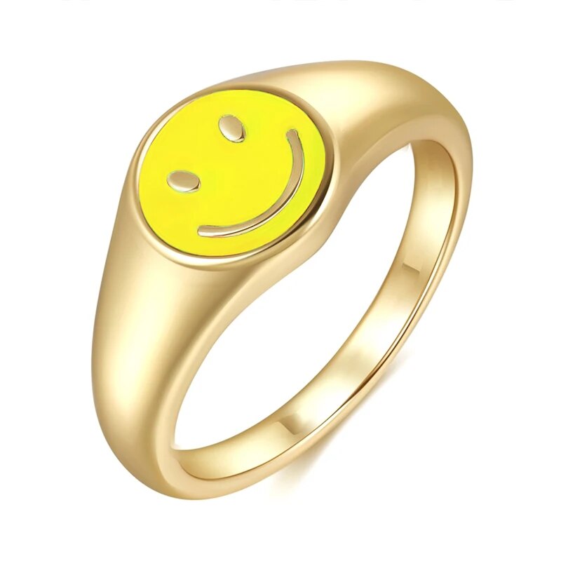 YUXINTOME 24k Gold Plated Colored Enamel Smile Face Wide Ring For Women Trend C image 4