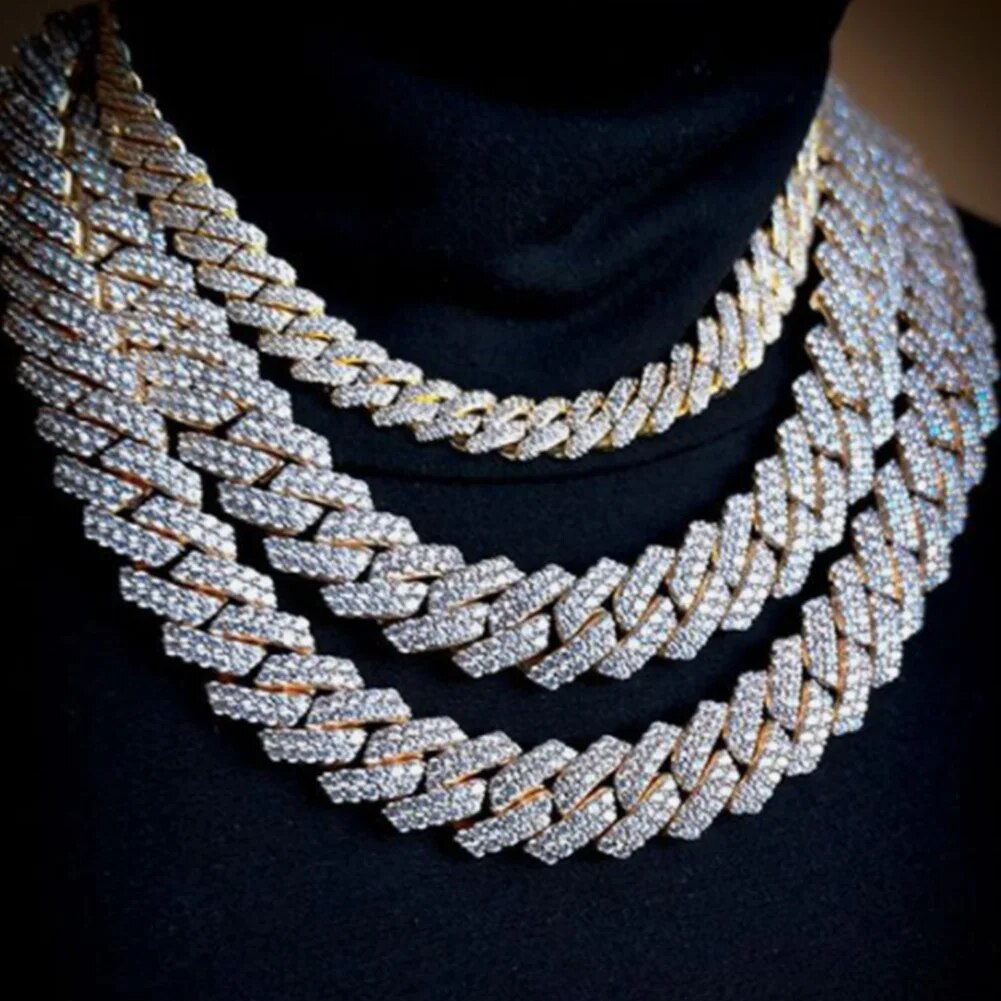 Hip Hop Men Iced Out Chain Prong Rhombus Cuban Link Necklace 14/20MM width Gold image 8