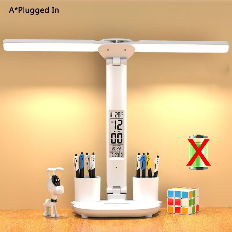 LED Clock Table Lamp USB Chargeable Dimmable Desk Lamps 2 Heads 180 Rotate Fold image 3