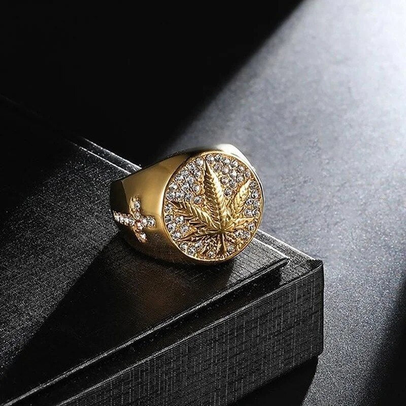 Business Men's Gold Color Carved Golden Maple Leaf Rings for Men Punk Inlaid wi image 1