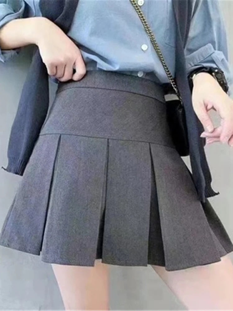 ZOKI Vintage Gray Pleated Skirt Women Kawaii High Waist Mini Skirts Korean Fas image 1