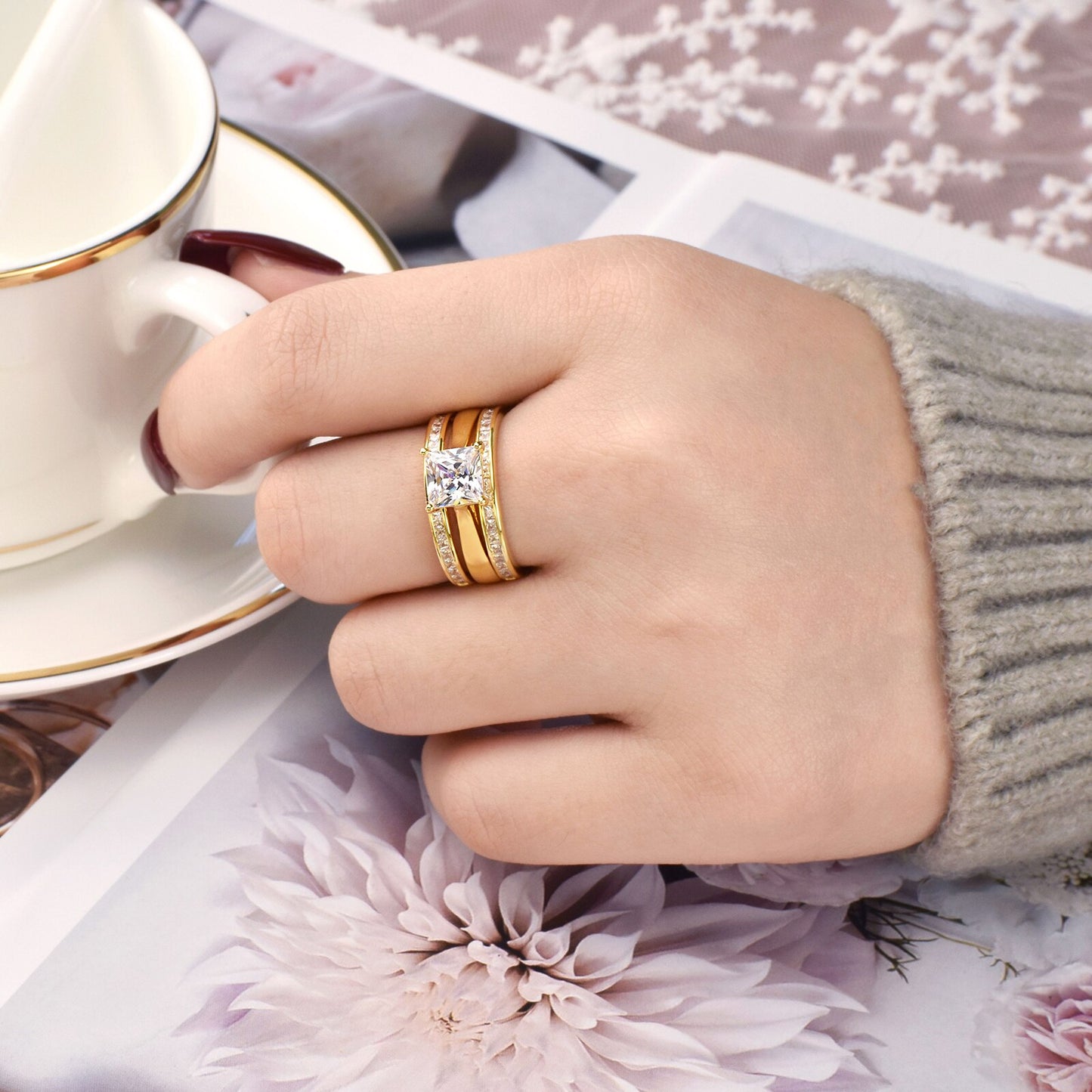 Wuziwen Yellow Rose Gold Protection Enhanced Wedding Rings for Women 925 image 0