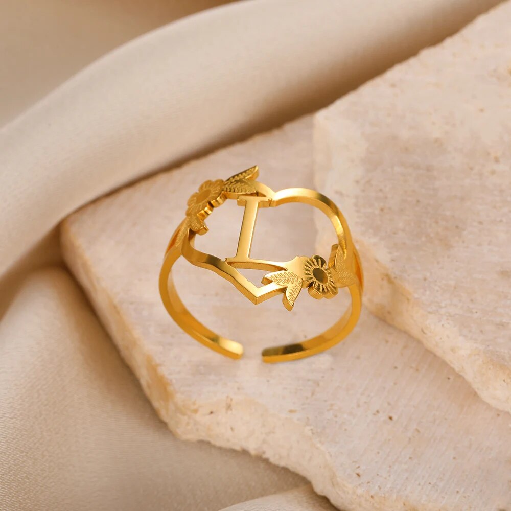 Stainless Steel Initials Flower Heart Rings Gold Color Adjustable Delicate Lett image 13