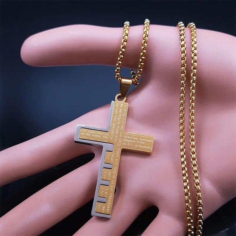Cross Christian Church Prayer Necklace Men Stainless Steel Gold Color Bible Amu image 7