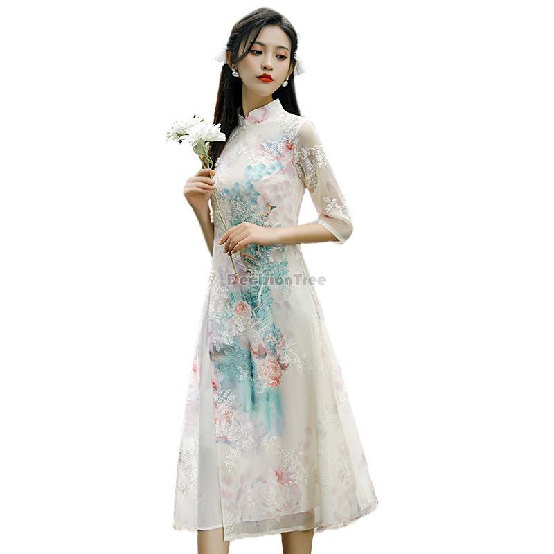 Summer chiffon ao dai elegant dress qipao oriental printing dress qipao vietnam image 5