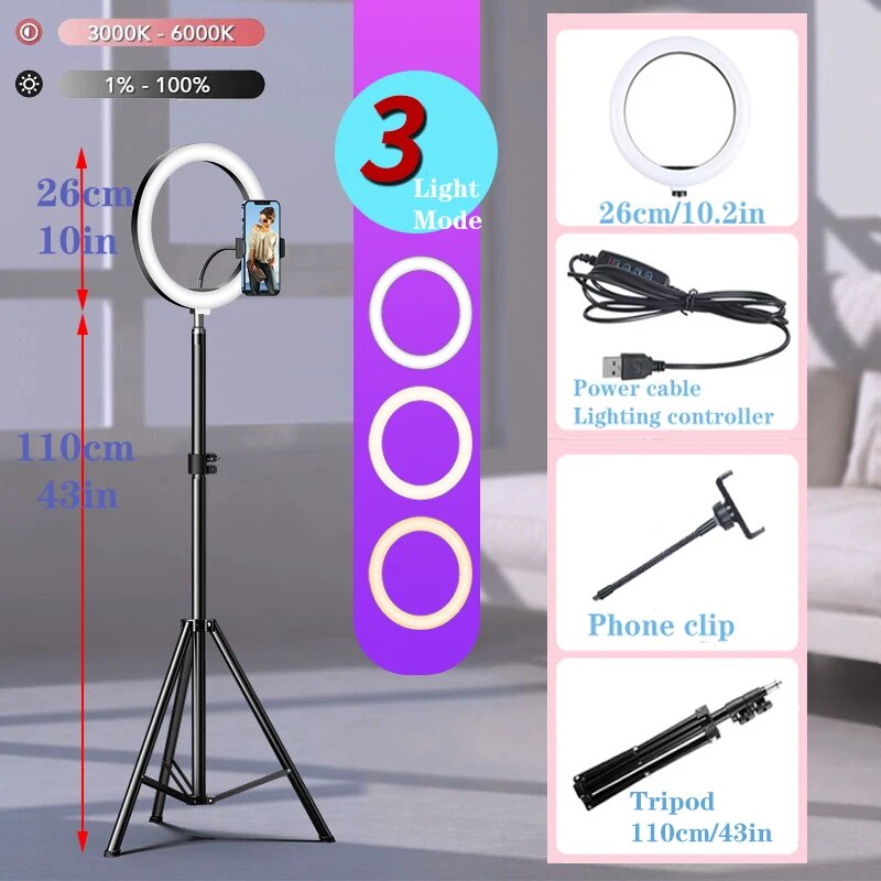 10" LED Selfie Ring Light Circle Fill Light Dimmable Round Lamp Tripod Trepied image 7