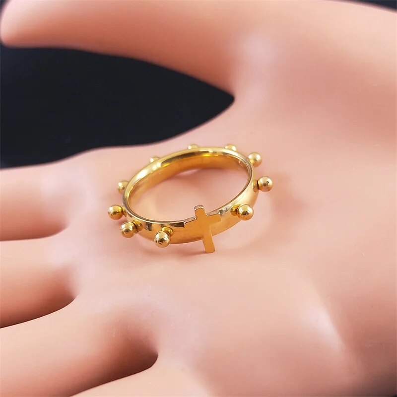 Christian Christ Jesus Cross Ring Stainless Steel Gold Color Lord Prayer Cathol image 6